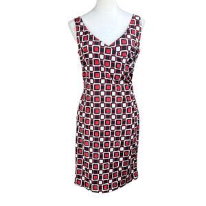 Ling Shan Li Vintage Red White Black Geometric Print Silk Blend Sheath Dress